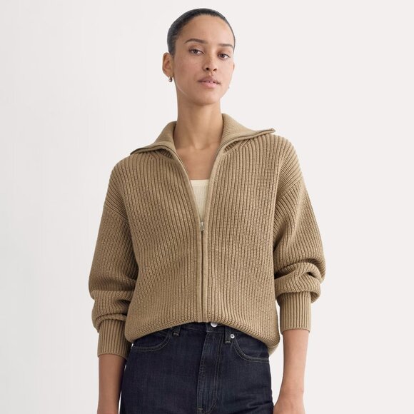 Everlane The Full Zip Sweater in Everyday Cotton Dark Heathered Camel Size Large - Picture 1 of 11
